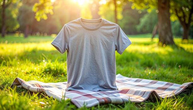 Tshirt on a picnic blanket in a sunny park. photo
