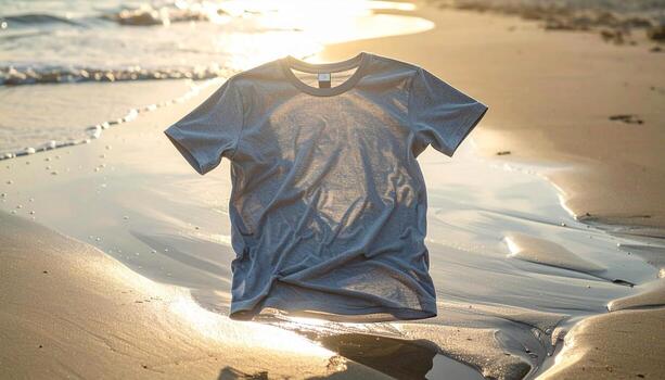 Tshirt on a sandy beach at sunset capturing the essence of summer. photo