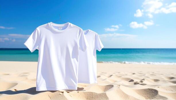 Two white tshirts on a sandy beach with turquoise ocean backdrop. photo
