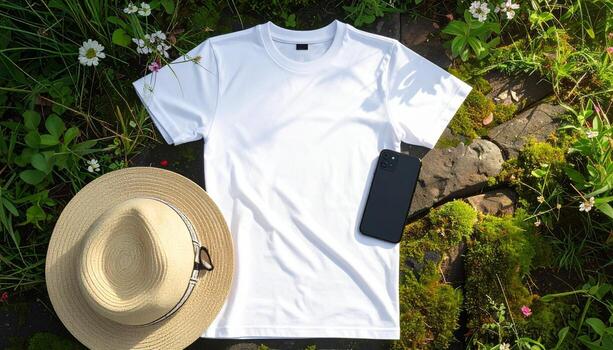 White TShirt Mockup on Green Grass with Hat and Phone. photo