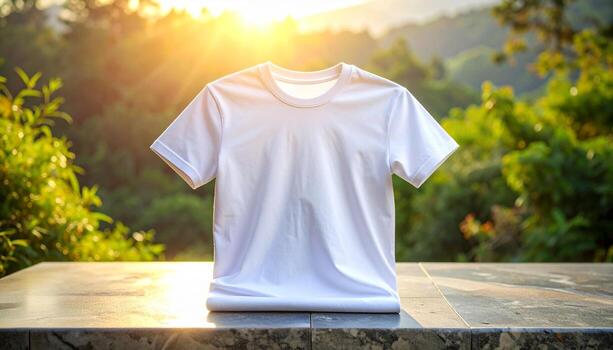 White TShirt Mockup on Marble Table with Greenery Background. photo