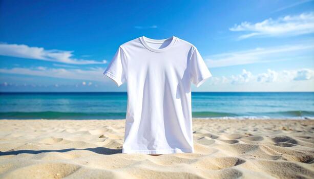 White Tshirt on a sandy beach with ocean and blue sky backdrop. photo