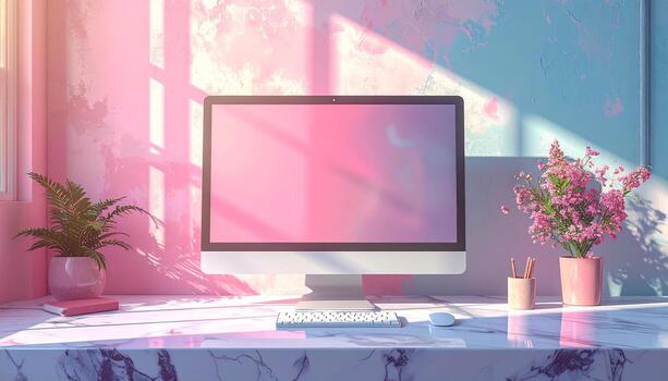 Aesthetic workspace with computer flowers and marble desk in soft light. photo