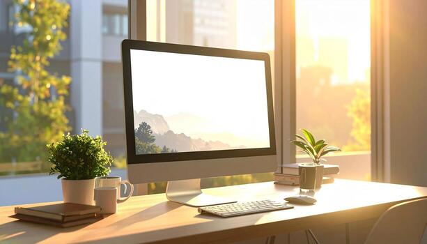 Bright workspace with computer plants and natural light creating a serene atmosphere. photo