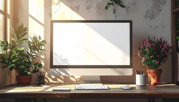 Bright workspace with computer plants and natural light. photo