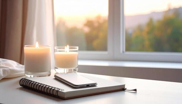 Cozy Morning Scene Candles Notebook and Phone by the Window. photo