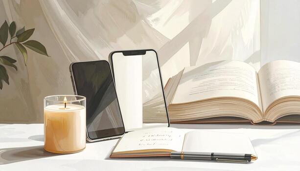 Cozy Workspace with Phones Candle and Open Book. photo