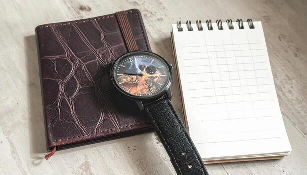 Desk Essentials Notebook Journal and Watch on Wooden Surface. photo