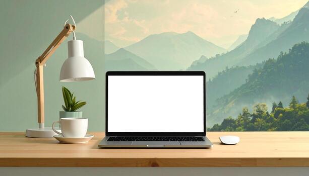 Laptop on desk with mountain view backdrop and desk lamp. photo