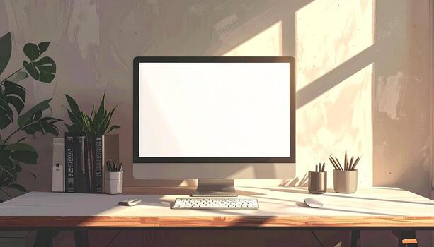 Minimalist Home Office Setup with Sunlight and Plants. photo