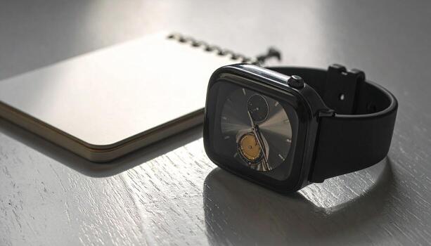 Minimalist Still Life Watch and Notebook on a White Surface. photo