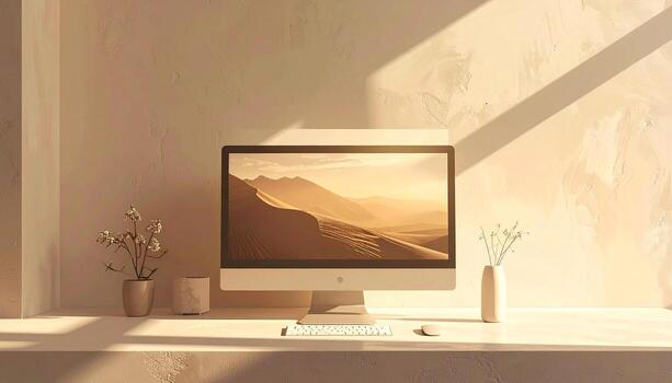 Minimalist Workspace Computer Sunlight and Serene Ambiance. photo