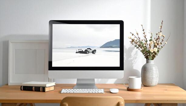 Minimalist workspace setup with desktop computer flowers and natural light. photo