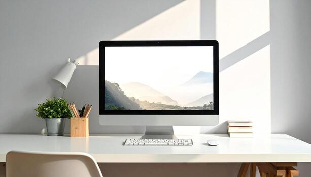Minimalist Workspace with Computer and Natural Light. photo