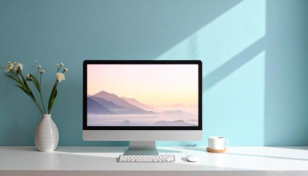 Minimalist workspace with computer and flowers against a blue wall. photo