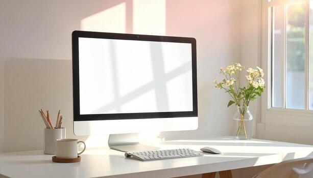 Minimalist Workspace with Computer Flowers and Natural Light. photo
