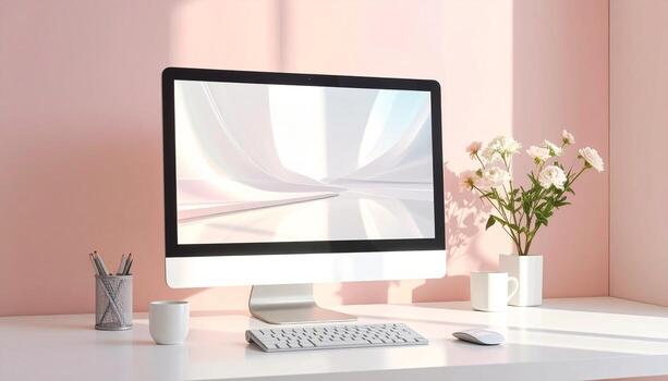 Minimalist workspace with computer keyboard flowers and pink wall. photo