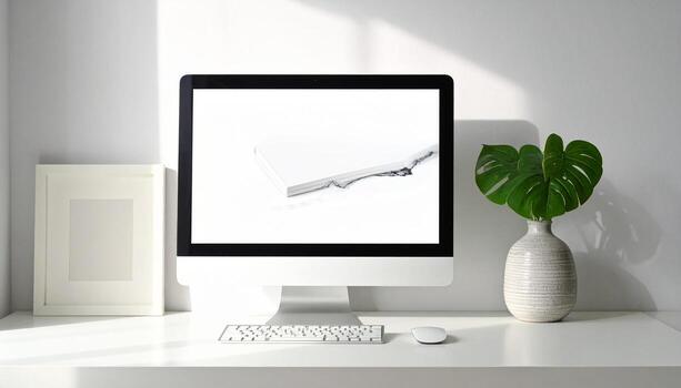 Minimalist Workspace with Computer Plant and Frame in Natural Light. photo