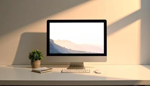 Minimalist workspace with computer, plant, and natural light. photo