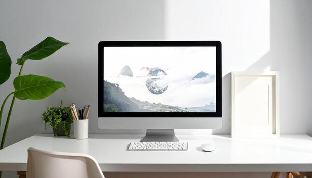 Minimalist workspace with computer plant and natural light. photo