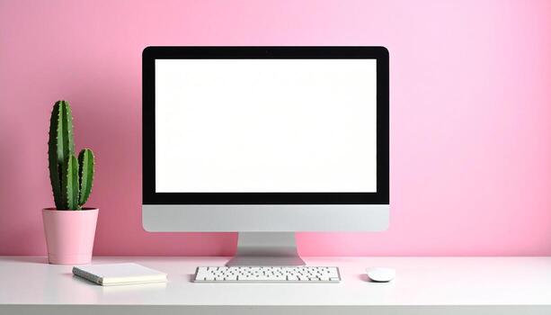 Modern workspace with computer cactus and pink background. photo