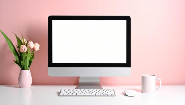 Modern workspace with computer flowers and coffee against a pink wall. photo