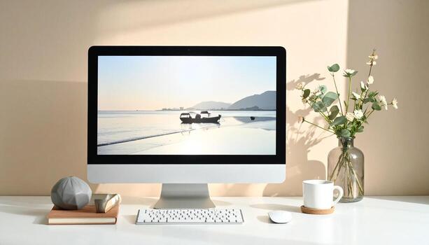 Modern workspace with computer flowers and coffee on a white desk. photo