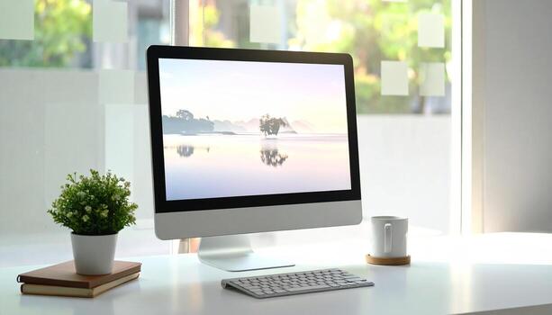 Modern workspace with computer plant and book on a white desk. photo