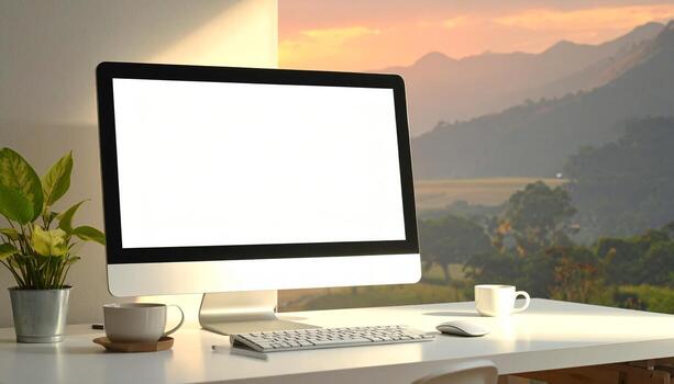 Modern workspace with computer plant and scenic mountain view. photo