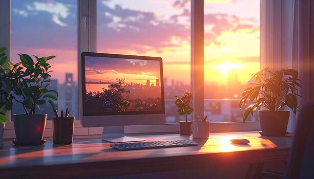 Serene Workspace Computer by Window at Sunset with Plants. photo