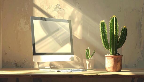 Sunlit Workspace Computer Cacti and Minimalist Aesthetic. photo