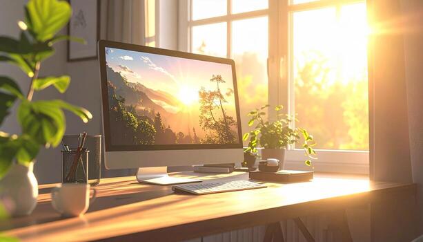 Sunlit Workspace Computer Plants and Natural Light. photo