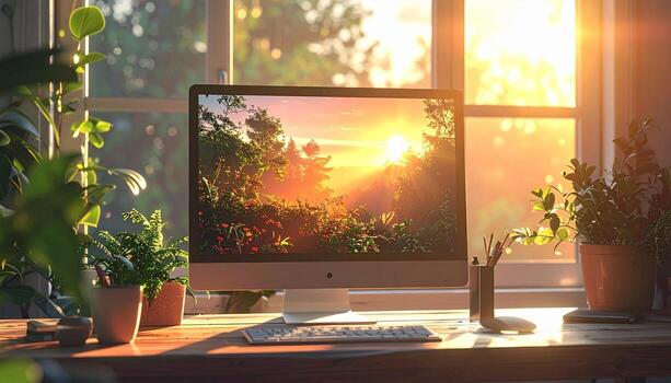 Sunlit Workspace Computer Plants and Window View. photo