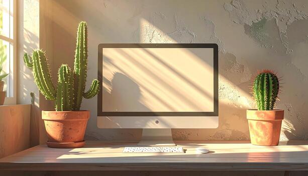 Sunlit Workspace with Cactus and Computer Monitor. photo