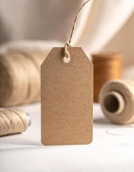 Blank brown paper tag with string crafting and sewing supplies. photo