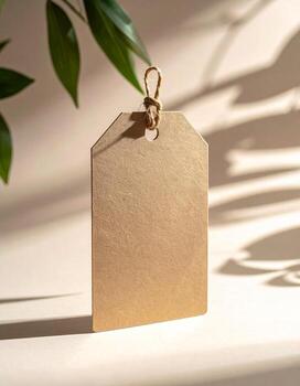 Blank kraft paper tag with leaf shadows for product presentation. photo