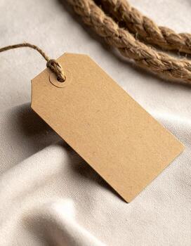 Blank kraft paper tag with rope on white fabric background. photo