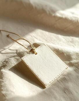 Blank square tag with string on textured fabric background. photo