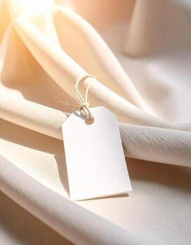 Blank Tag on Cream Fabric Minimalist Product Display. photo
