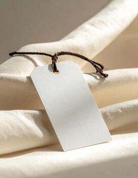 blanco etiqueta en suave blanco tela Listo para marca. foto