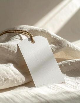 Blank tag on soft white fabric with natural light. photo