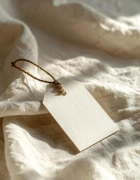 Blank tag on textured fabric in soft warm light. photo