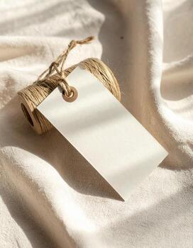 Blank Tag on Twine Roll with Soft Fabric Background. photo