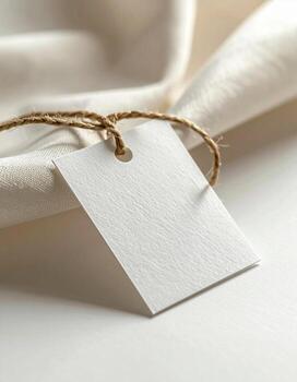 Blank tag on white fabric with rustic string tie. photo