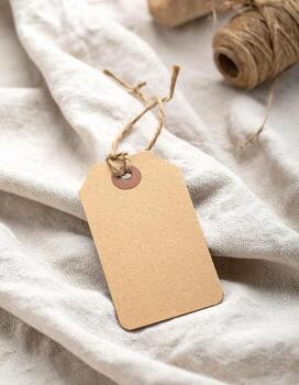Blank tag on white linen fabric with twine roll. photo