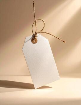 Blank white tag hanging from a string with soft lighting. photo