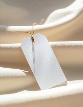 Blank White Tag on Cream Fabric Folds Ready for Custom Text. photo