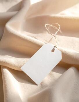 Blank White Tag on Luxurious Beige Fabric Background. photo