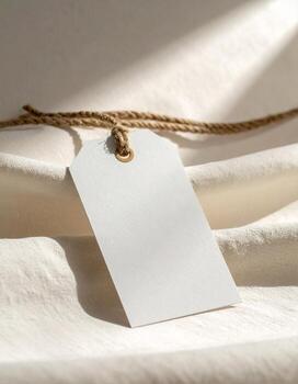 Blank White Tag on Soft Fabric with Natural Light. photo