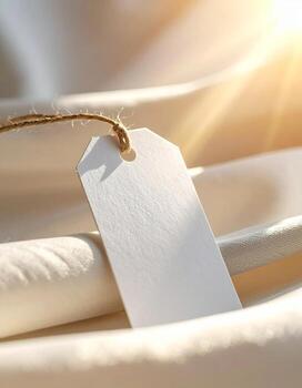 Blank white tag on soft fabric with sunlight ready for branding. photo
